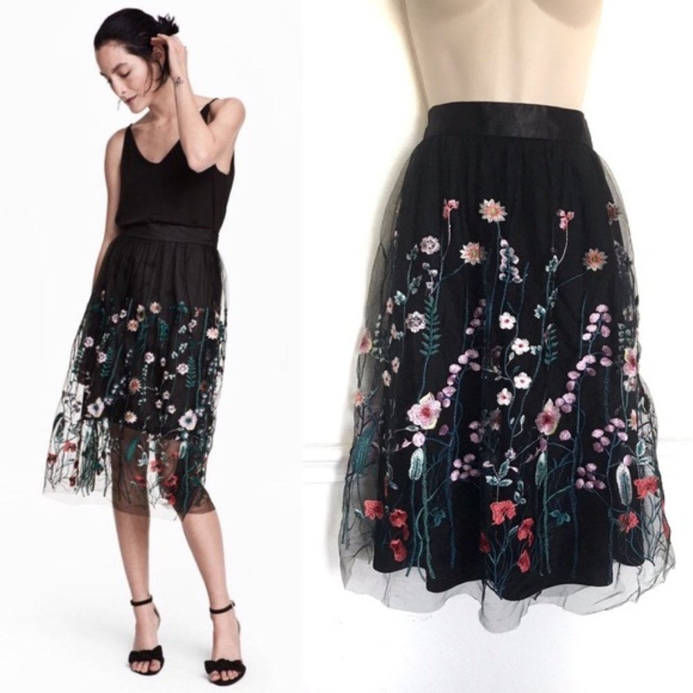 H&M Embroidered Floral Midi Skirt